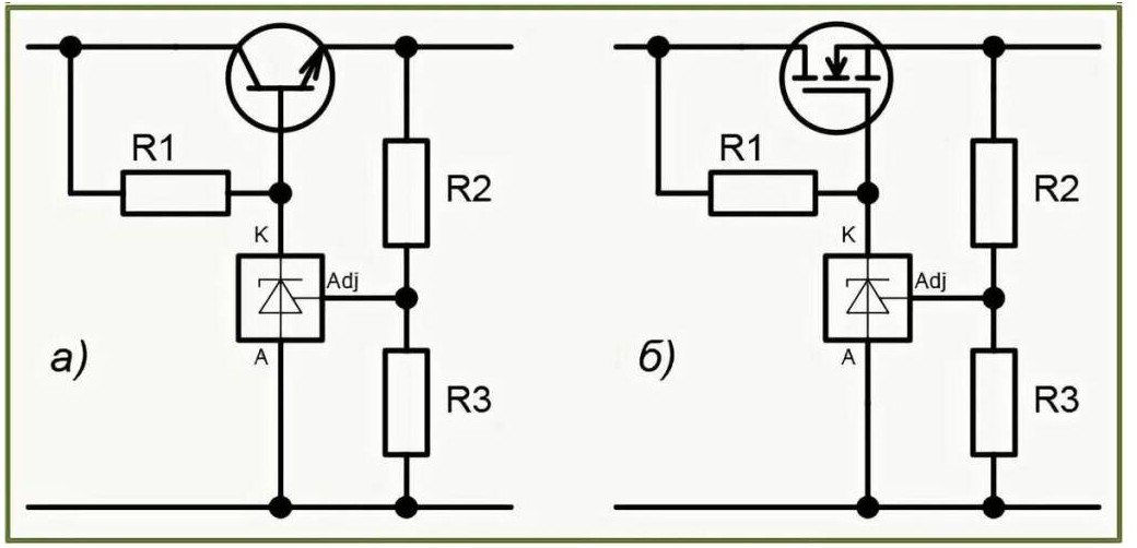 Типовые схемы умощнения TL431 при помощи биполярного и полевого транзисторов