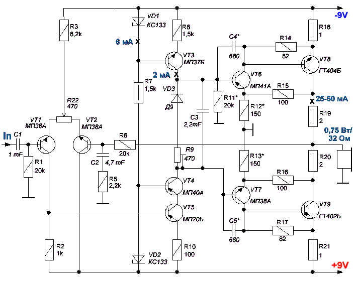 Схема усилителя для наушников на Ge транзисторах