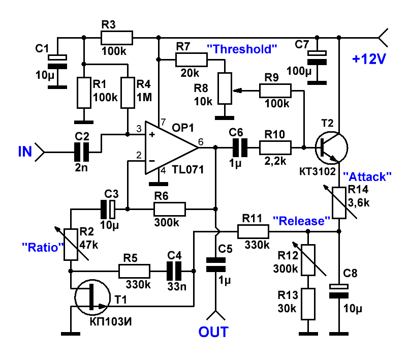 Простейшая схема звукового FET компрессора 