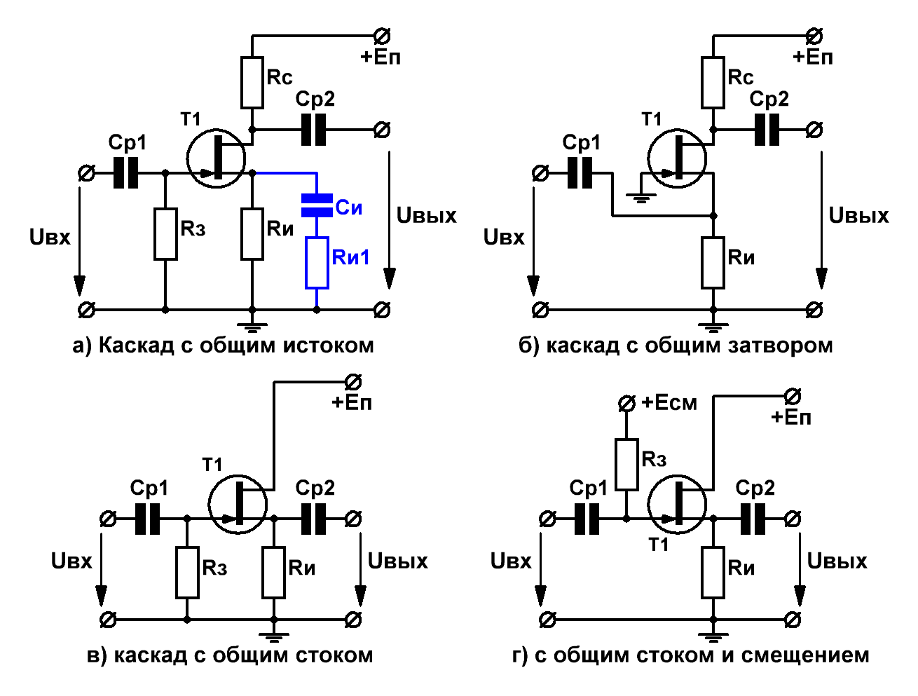 Схемы каскадов на полевых транзисторах ОИ, ОЗ, ОС