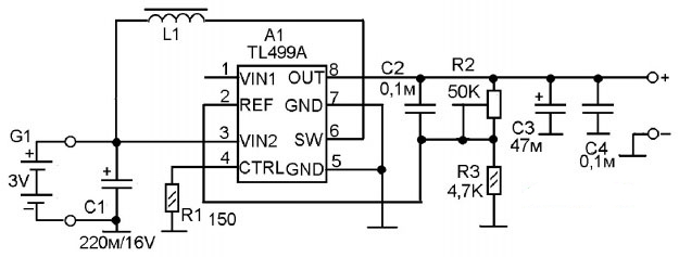 Схема  повышающего преобразователя напряжения  на TL499A 
