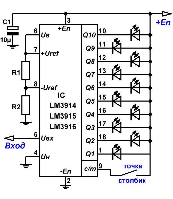 Схема светодиодного индикатора уровня индикаторов уровня и мощности аудиосигнала