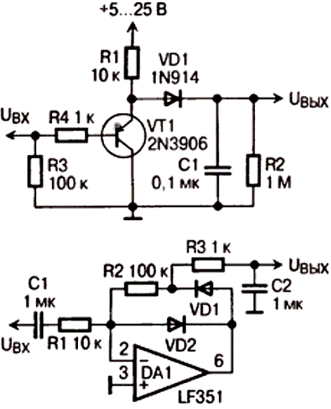 Схема индикатора уровня сигнала и пиковых детекторов