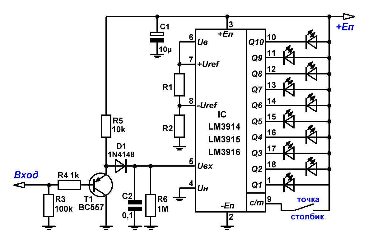 Схема универсального индикатора уровня сигналов постоянного и переменного тока