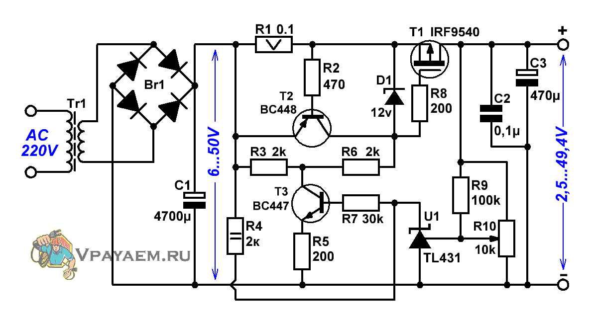 Регулируемый стабилизатор на TL431 и полевом транзисторе