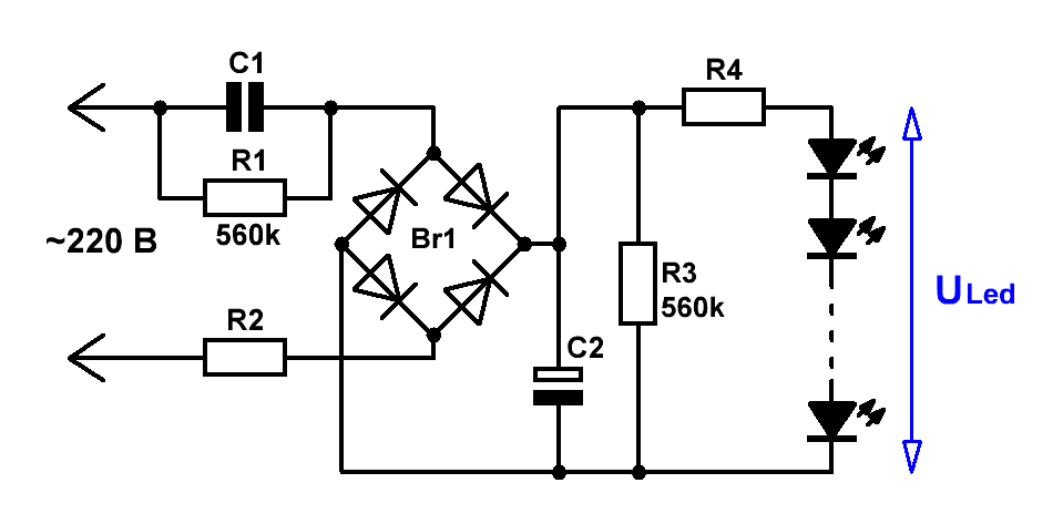 Схема сетевого драйвера для светодиодных ламп и светильников 