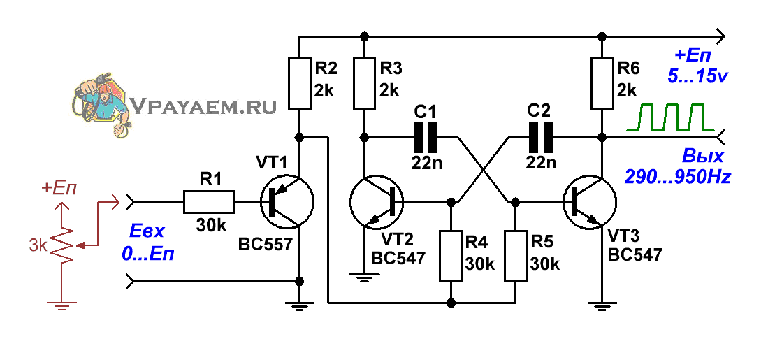 Схема генератора, управляемого напряжением, на базе симметричного мультивибратора 
