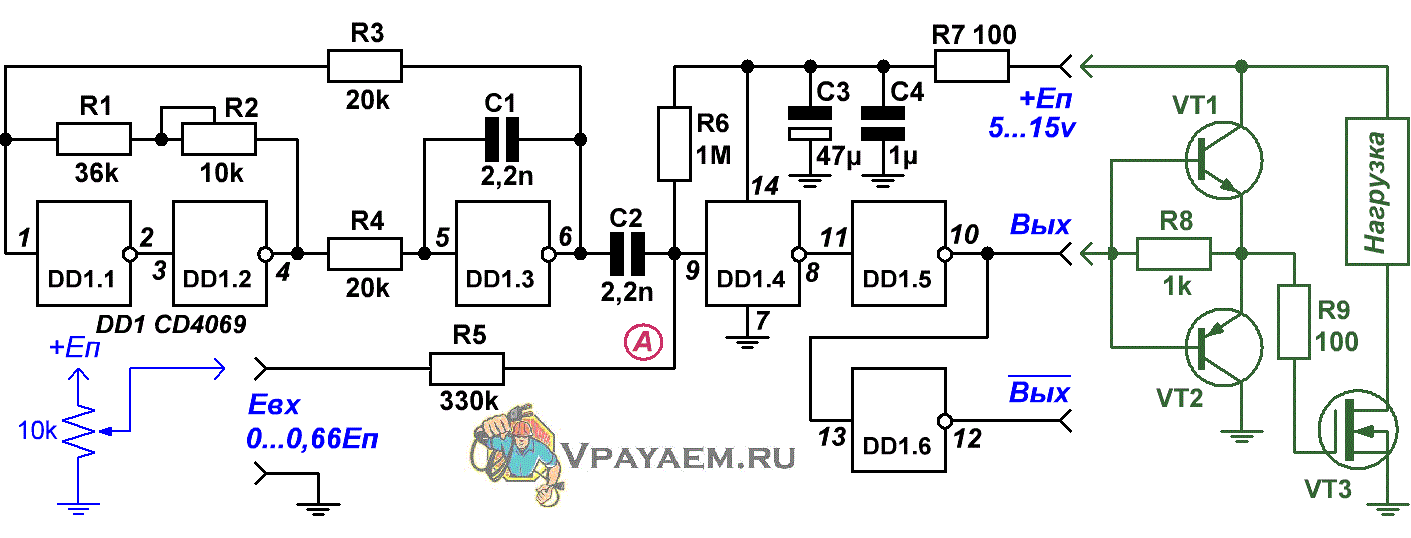 Схема линейного ШИМ-контроллера и регулятора мощности на логическом элементе CD4069