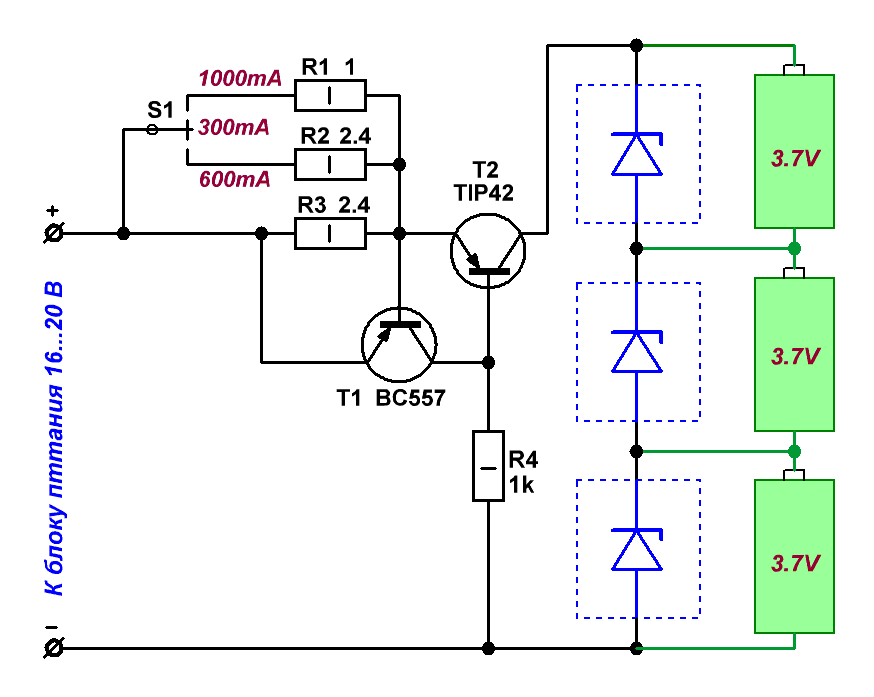 Схема ЗУ для 3-х последовательно соединённых литиевых аккумуляторов 