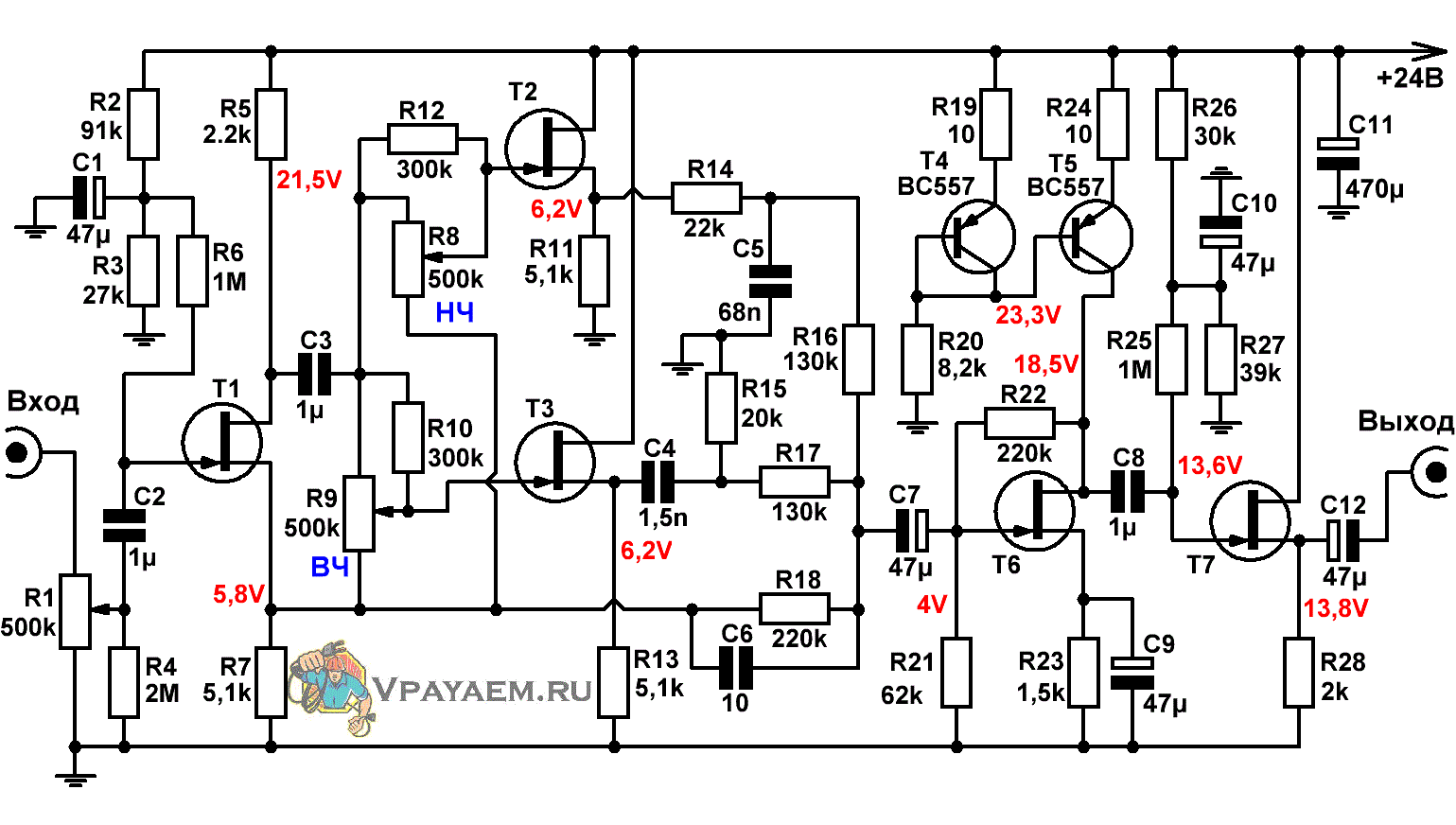 Двухканальный регулятор тембра на полевых транзисторах