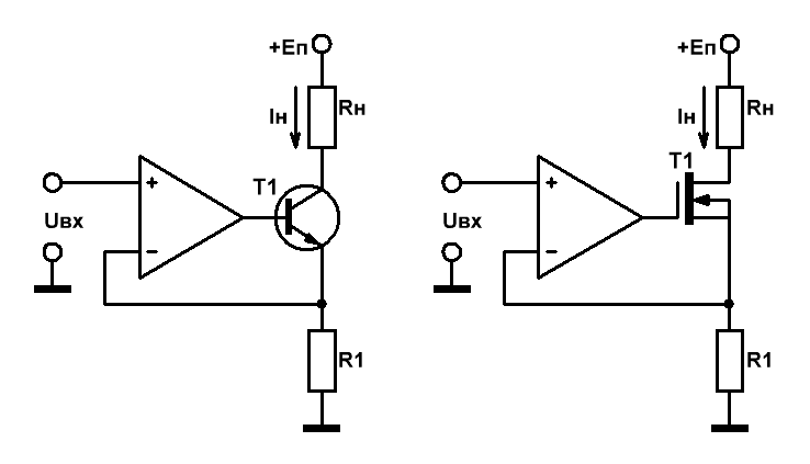 Схемы источников тока на ОУ и выходным каскадом на транзисторе