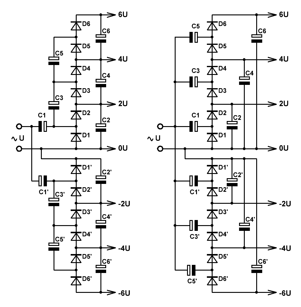 Схема умножителя напряжения на диодах и конденсаторах. Схема умножителя напряжения постоянного тока. Схема умножителя напряжения на 4. Диодный умножитель напряжения схема.