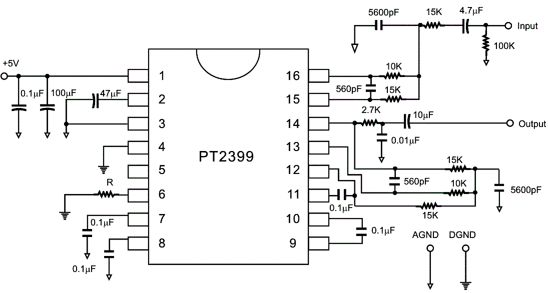 Схема включения микросхемы PT2399 в режимах surrond/delay