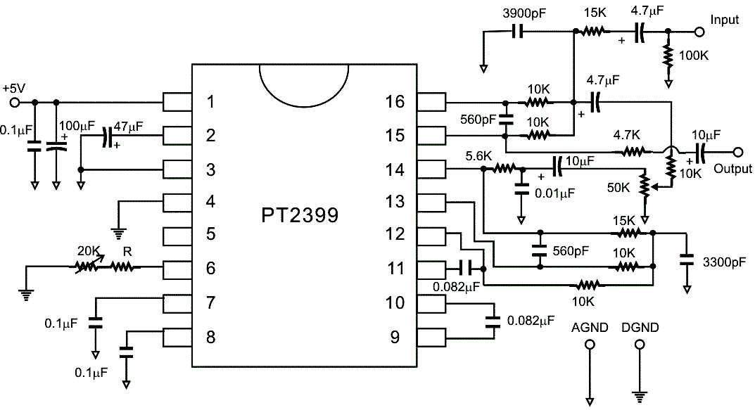 Схема включения микросхемы PT2399 в режиме ECHO