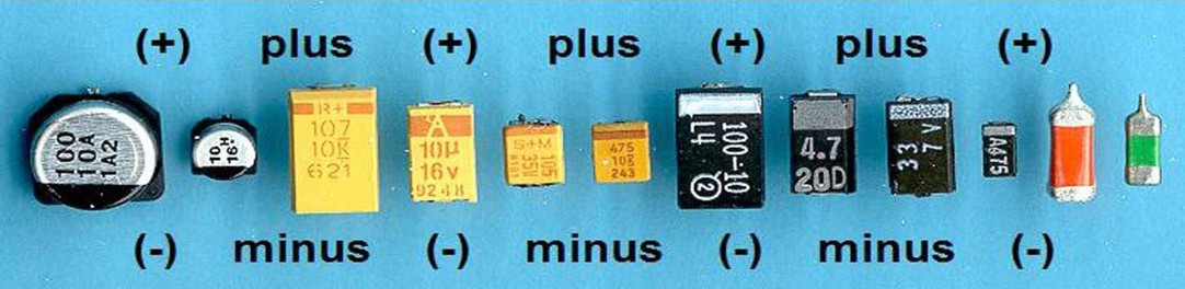 Различные виды SMD конденсаторов с обозначением полярности включения