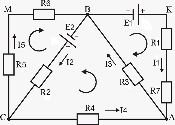Законы Кирхгофа, пример электрической цепи