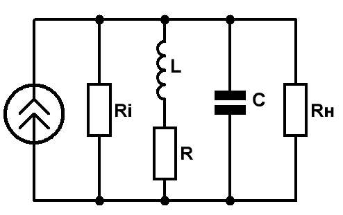 Схема замещения параллельного контура с учётом сопротивлений источника сигнала и нагрузки 