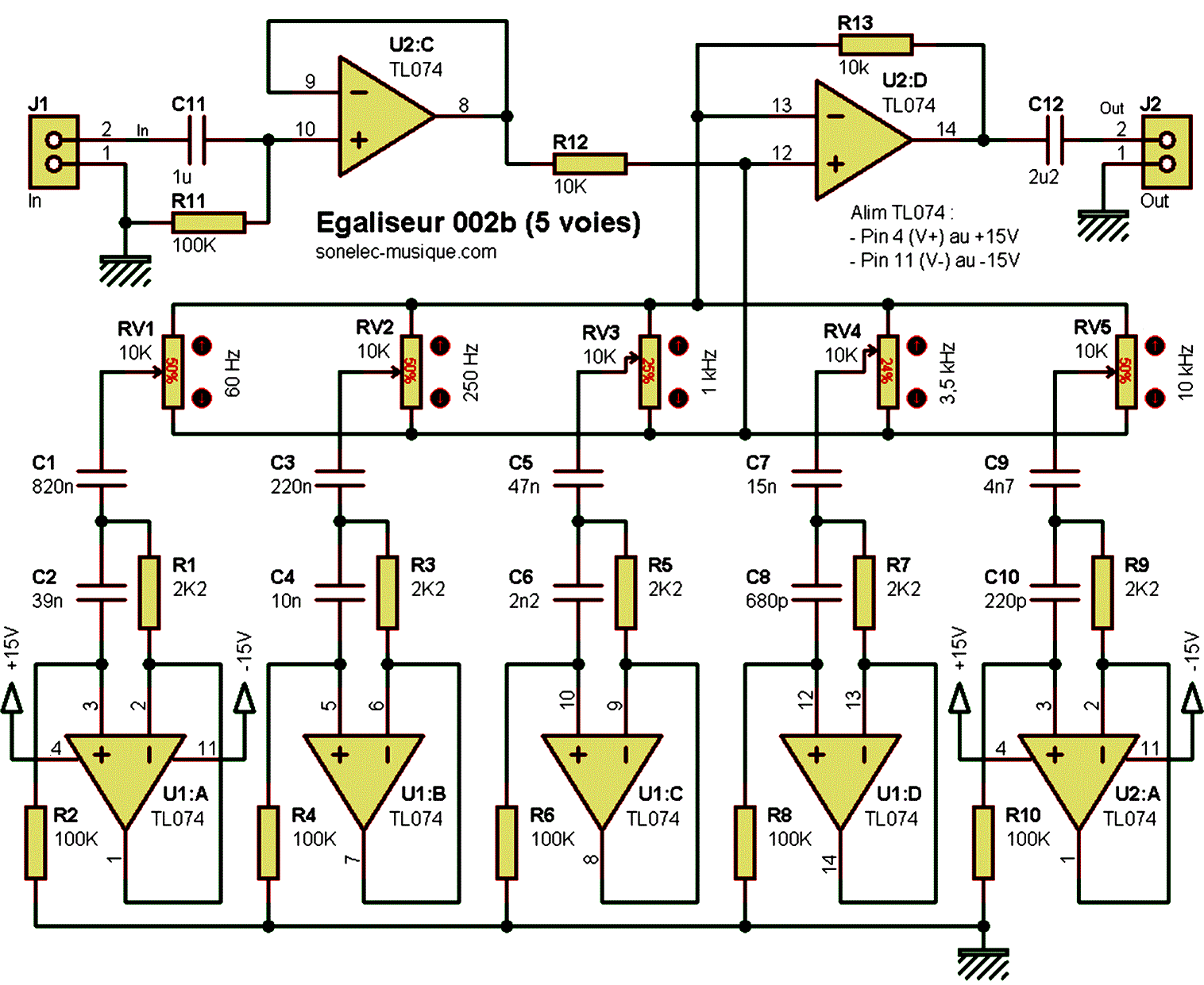 Схема 5-полосного эквалайзера на гираторах 